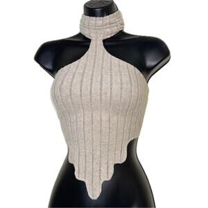 New L Khaki Gray Beige Sleeveless Turtleneck Ribbed Drip Hem‎ Crop Triangle Top